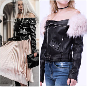 OFF SHOULDER FAUX LEATHER JACKET FAUX FUR TRIM